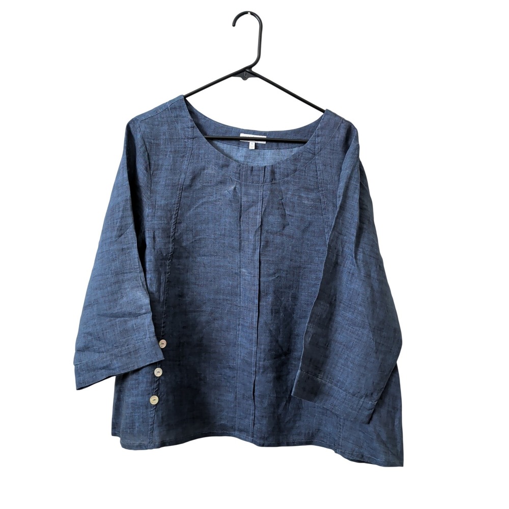 Habitat Clothes To Live In Blue 100% Linen Top XL Natural Lagenlook Coastal Boho